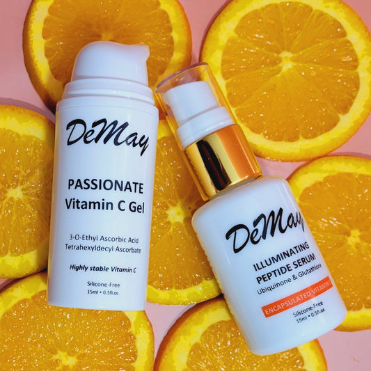 This photo shows our two vitamin c products: Passionate vitamin c and illuminating peptide serum. Vitamin C is renowned for its brightening properties. It helps reduce inflammation and promotes an even skin complexion, making it ideal for soothing skin. And between us, it also helps to get rid of those annoying sunspots. With its antioxidant properties, Vitamin C protects your skin from environmental stressors that can aggravate redness and sensitivity.  